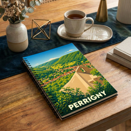 Carnet souvenir de la ville de Perrigny avec une illustration stylisée d'un paysage de vallée.