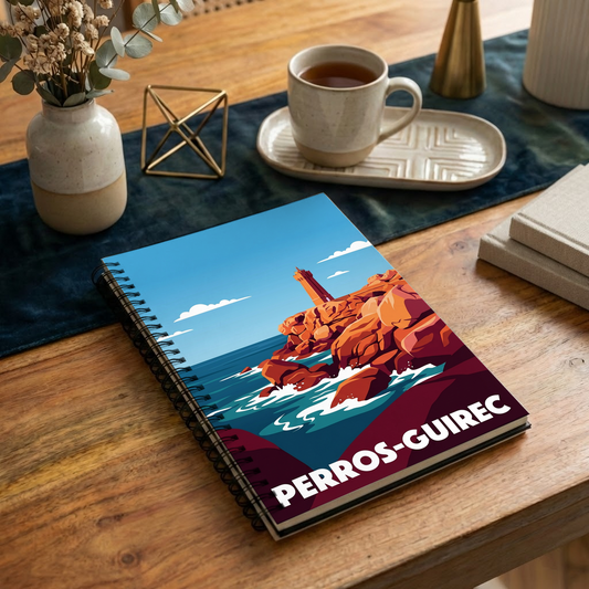 Carnet souvenir de la ville de Perros-Guirec avec une illustration stylisée de son phare et de ses rochers.