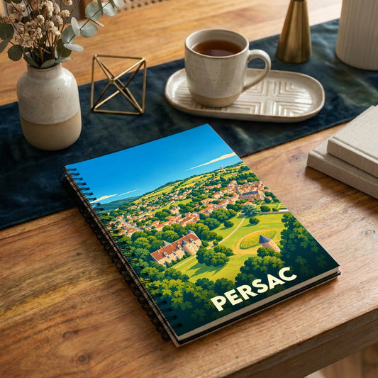 Carnet souvenir de la ville de Persac avec une illustration paysagère stylisée.