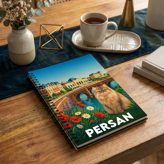 Carnet à spirales souvenir de la ville de Persan avec une illustration colorée représentant un chat devant un pont et des monuments historiques.