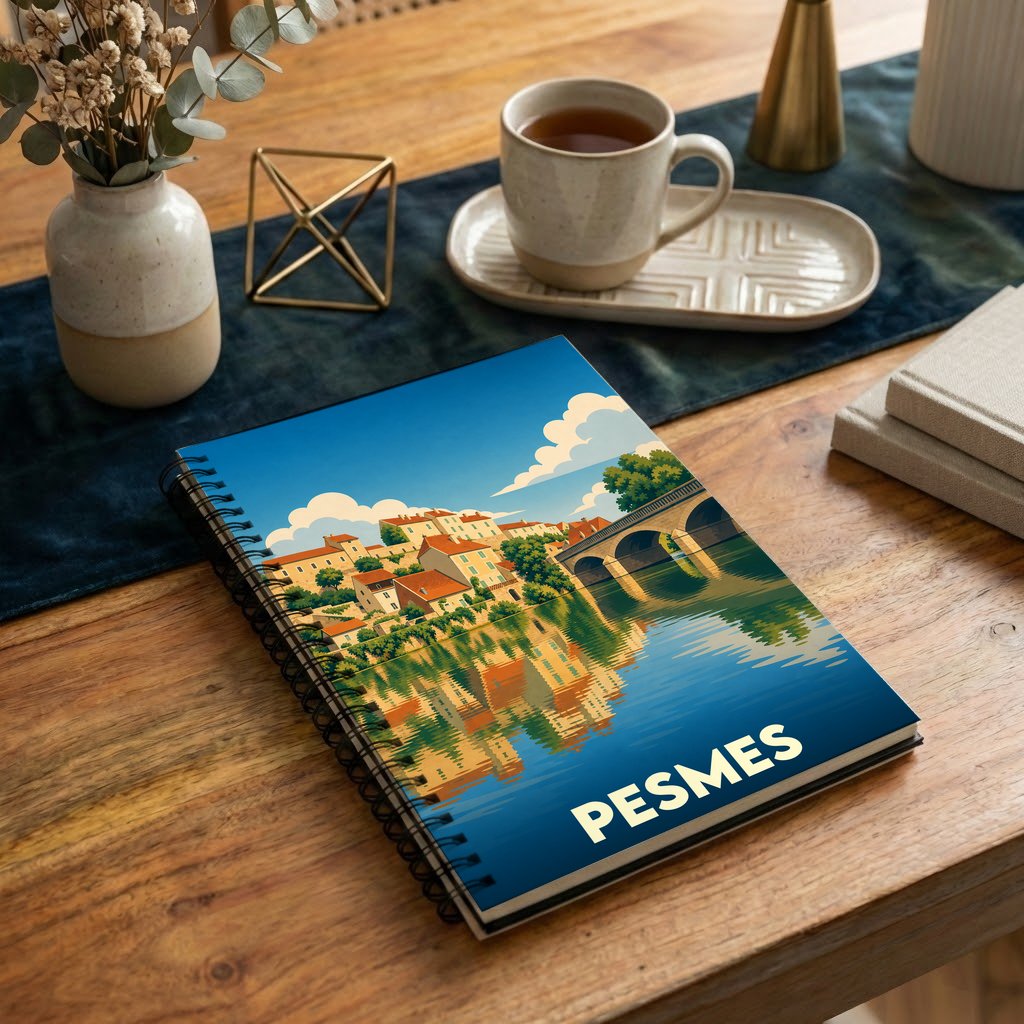 Carnet à spirales souvenir de la ville de Pesmes avec une illustration stylisée des bords de l'Ognon.