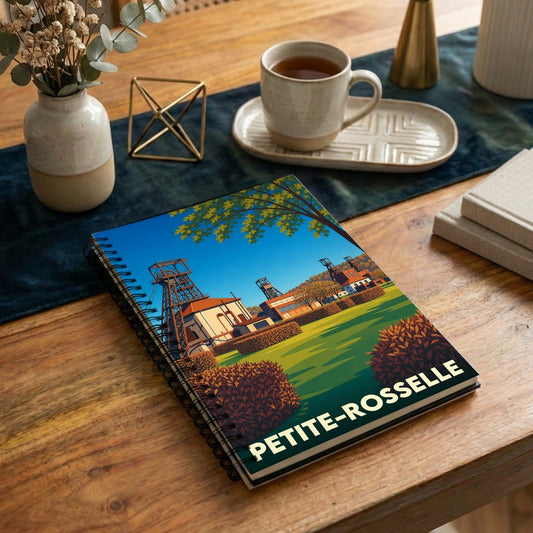 Carnet souvenir de la ville de Petite-Rosselle avec une illustration stylisée de son patrimoine minier.