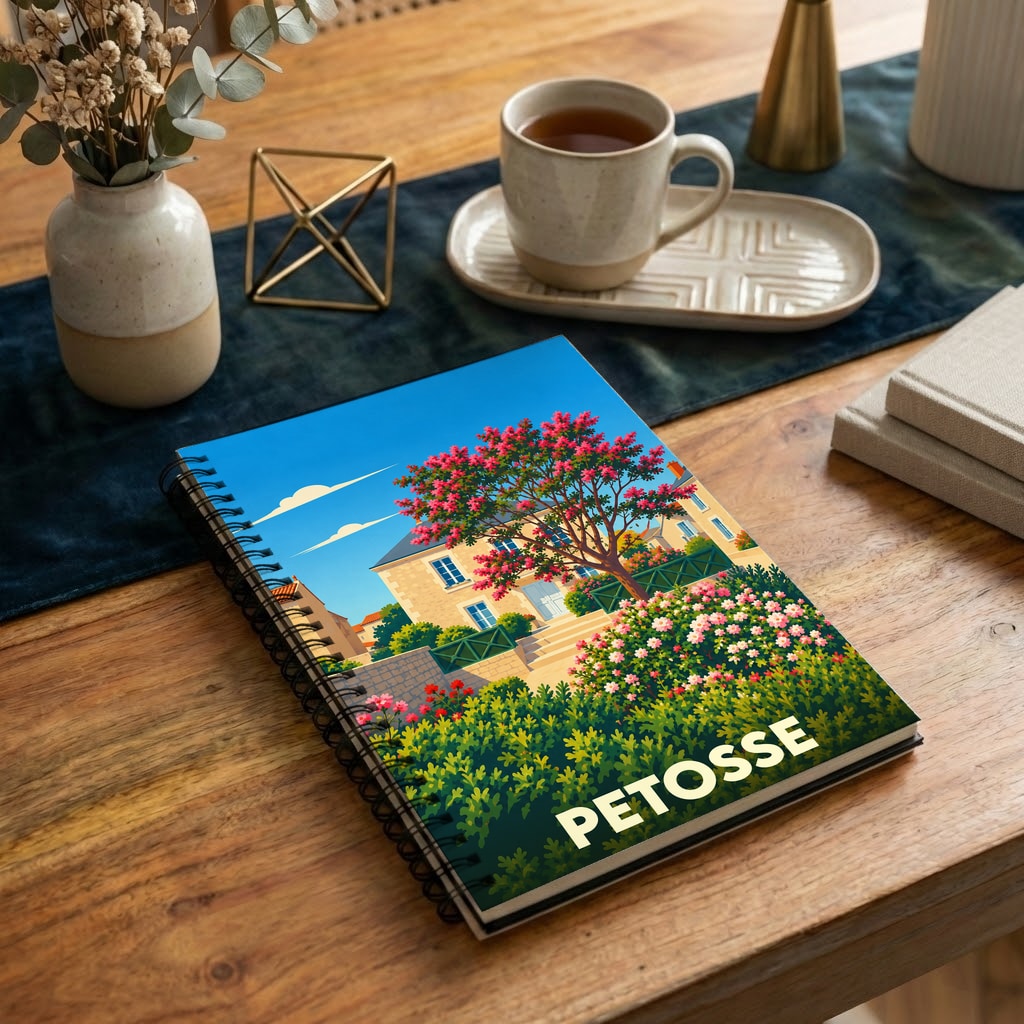 Carnet souvenir de la ville de Petosse avec une illustration stylisée d'une maison fleurie.
