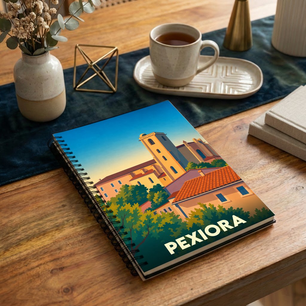 Carnet souvenir de la ville de Pexiora avec une illustration stylisée.