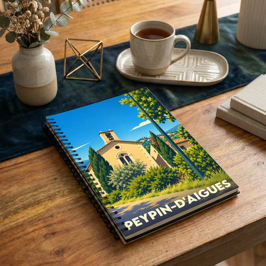 Carnet à spirales souvenir de la ville de Peypin-d'Aigues avec une illustration stylisée de son église.