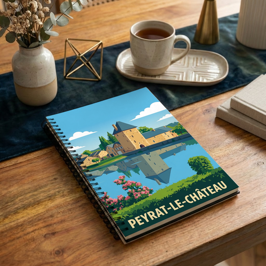 Carnet souvenir de la ville de Peyrat-le-Château avec une illustration stylisée.