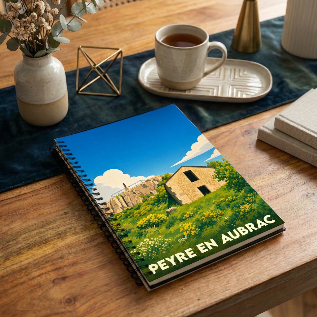 Carnet souvenir de la ville de Peyre en Aubrac avec une illustration stylisée d'un paysage champêtre.