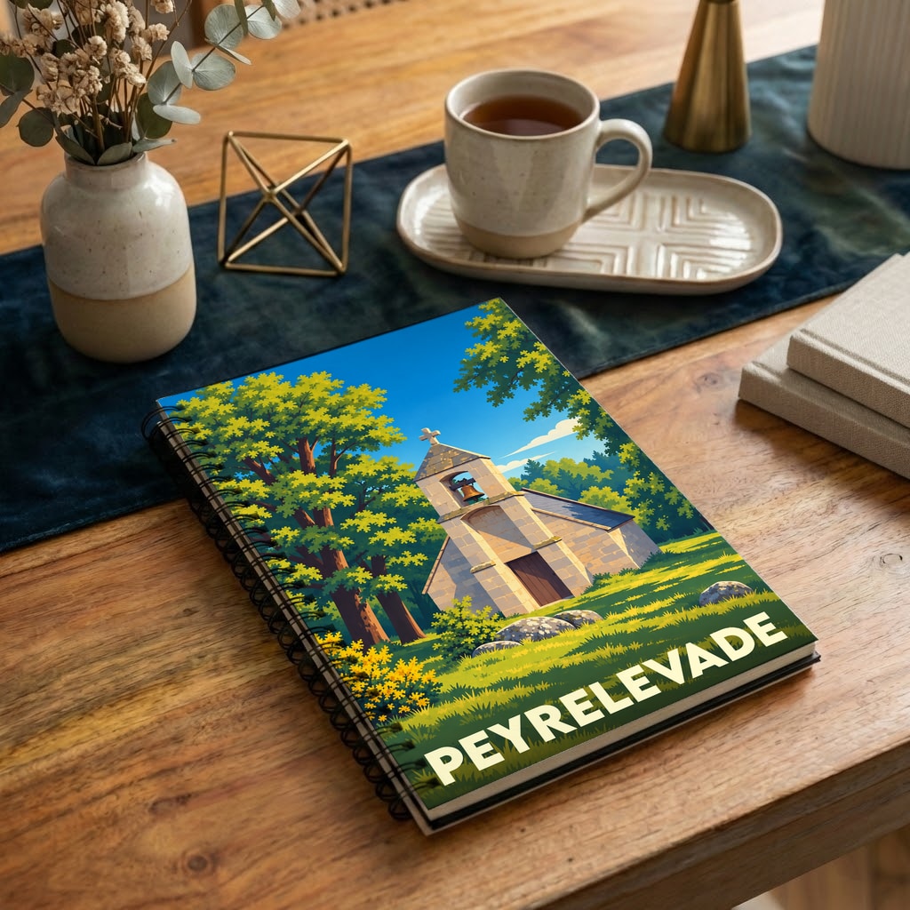 Carnet souvenir de la ville de Peyrelevade avec une illustration stylisée d'une petite chapelle en pierre.