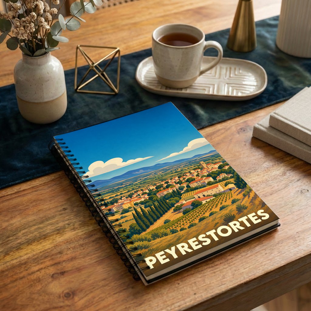 Carnet souvenir de la ville de Peyrestortes avec une illustration stylisée de son paysage vallonné.
