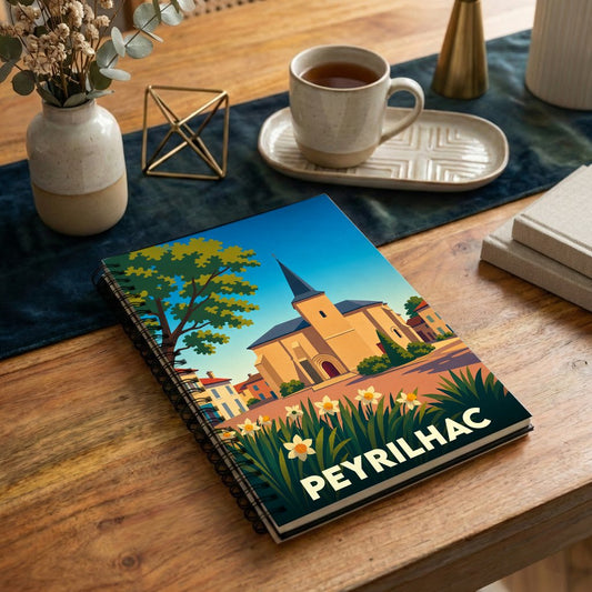 Carnet à spirales souvenir de la ville de Peyrilhac avec une illustration stylisée de son église et de jonquilles.