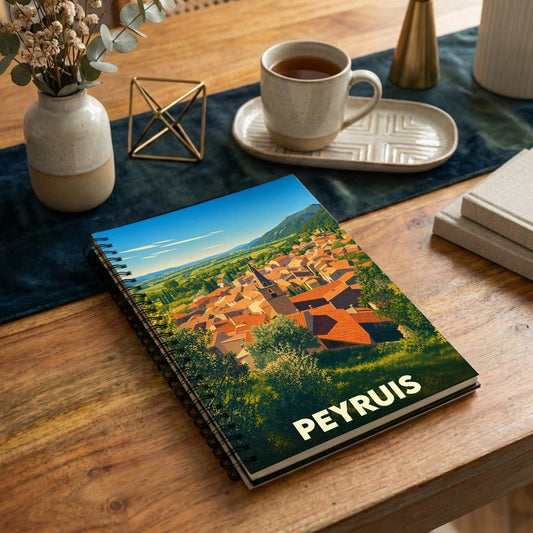 Carnet à spirales souvenir de la ville de Peyruis avec une illustration stylisée de ses toits provençaux.