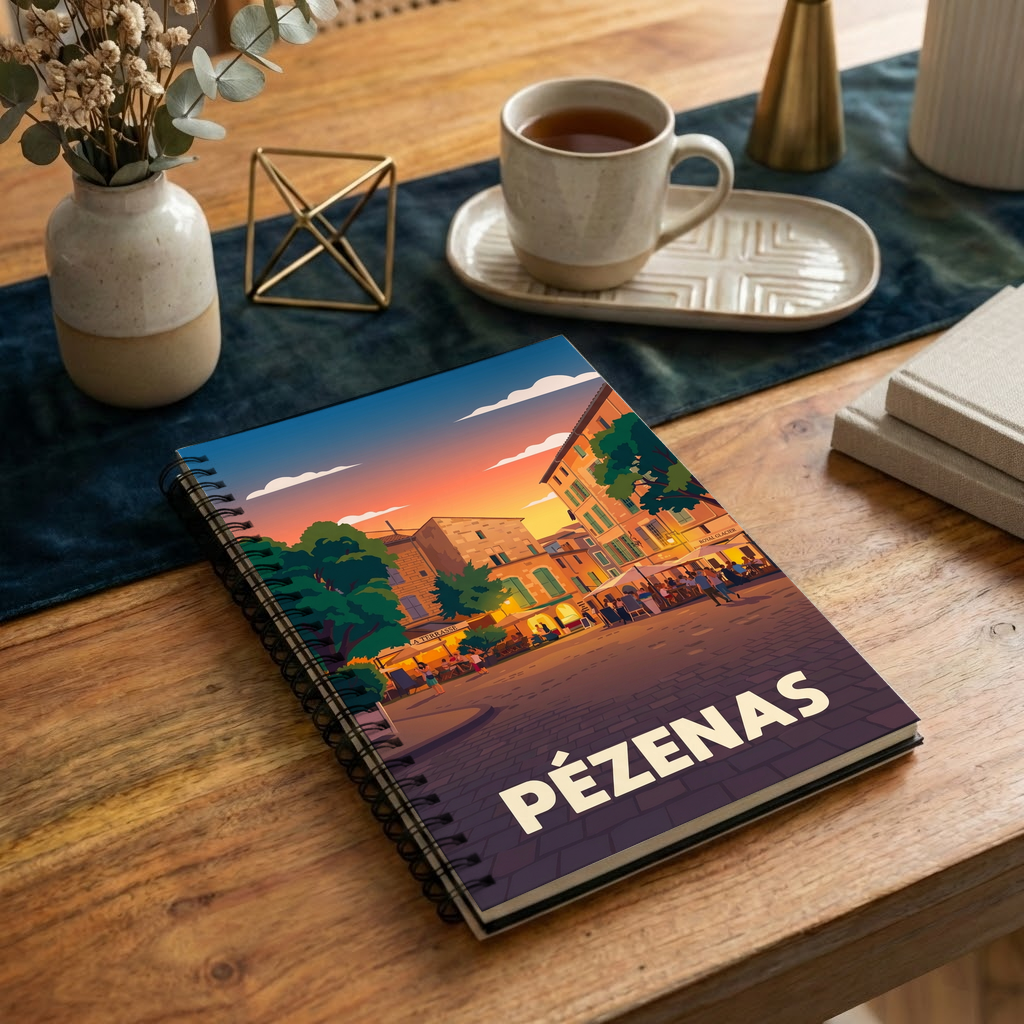 Carnet souvenir de la ville de Pézenas avec une illustration stylisée.