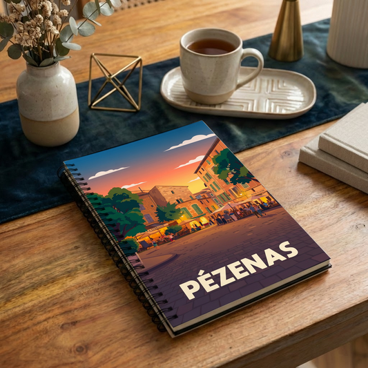 Carnet souvenir de la ville de Pézenas avec une illustration stylisée.