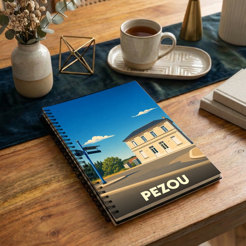 Carnet souvenir de la ville de Pezou orné d'une illustration stylisée de sa gare sous un ciel bleu.