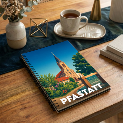 Carnet souvenir de la ville de Pfastatt illustré d'une église de style néogothique entourée de jardins.