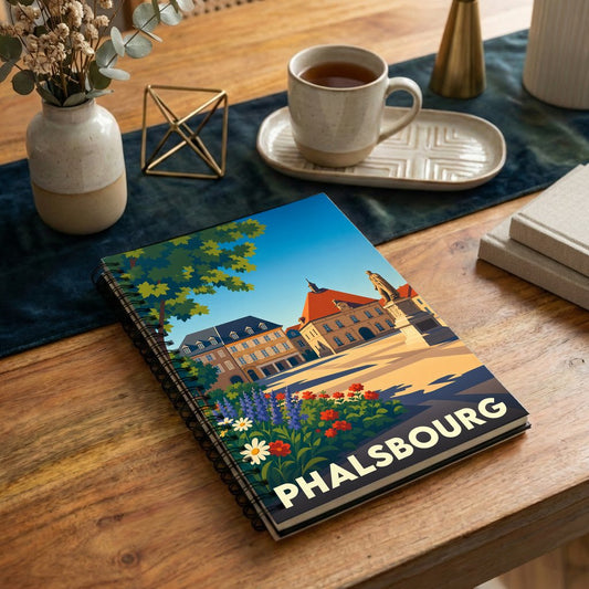 Carnet à spirales souvenir de la ville de Phalsbourg avec une illustration stylisée.