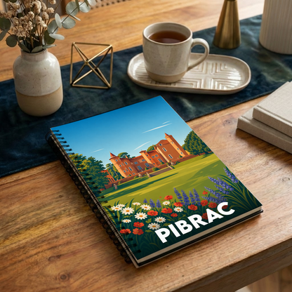 Carnet à spirales souvenir de la ville de Pibrac avec une illustration stylisée de son château et de fleurs colorées.
