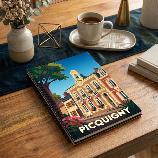 Carnet souvenir de la ville de Picquigny avec une illustration stylisée de son hôtel de ville.