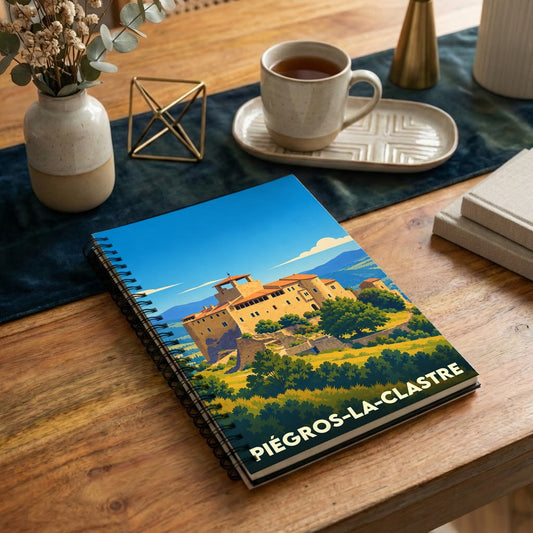 Carnet à spirales souvenir de la ville de Piégros-la-Clastre avec une illustration stylisée d'un château.