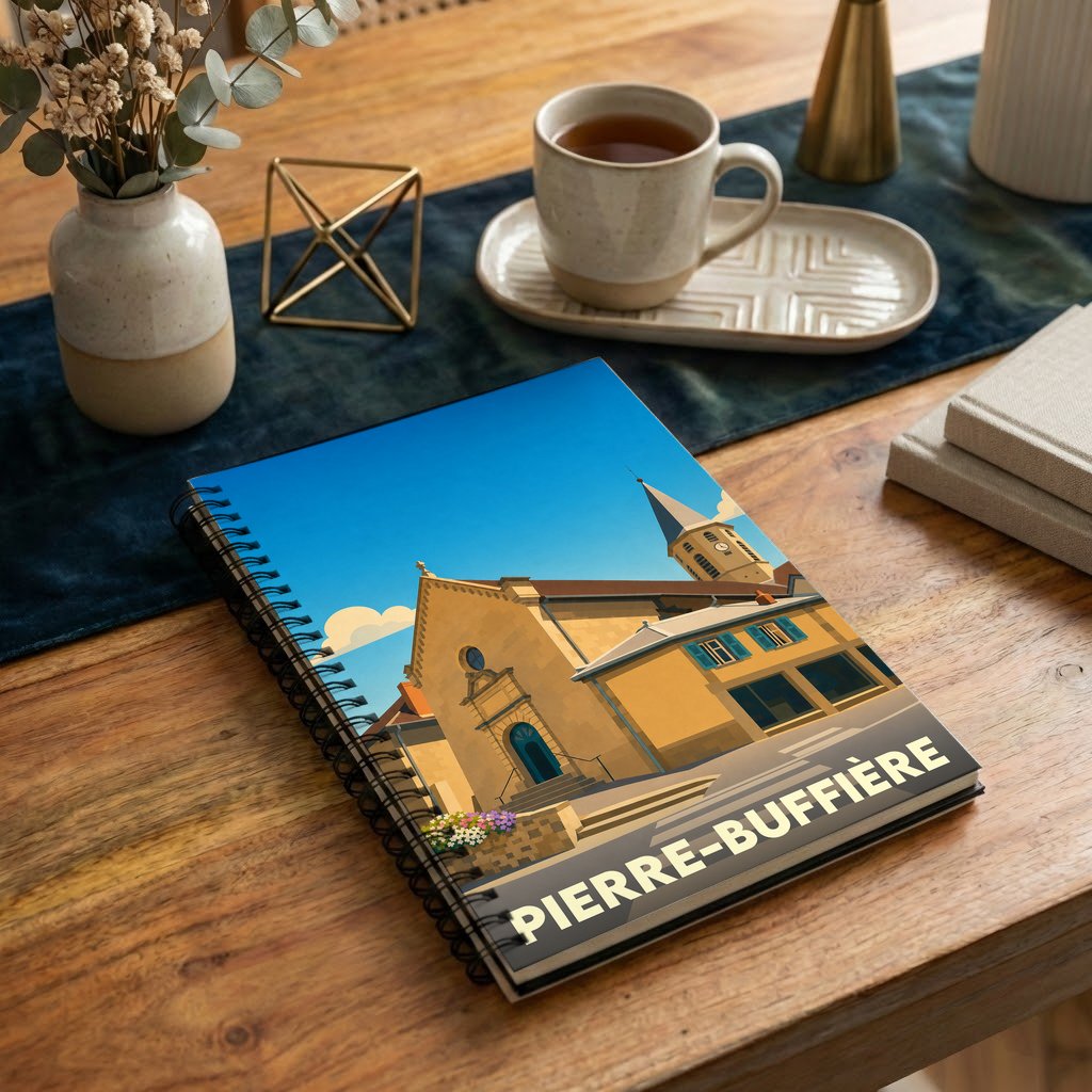 Carnet à spirales souvenir de la ville de Pierre-Buffière avec une illustration stylisée de son église.