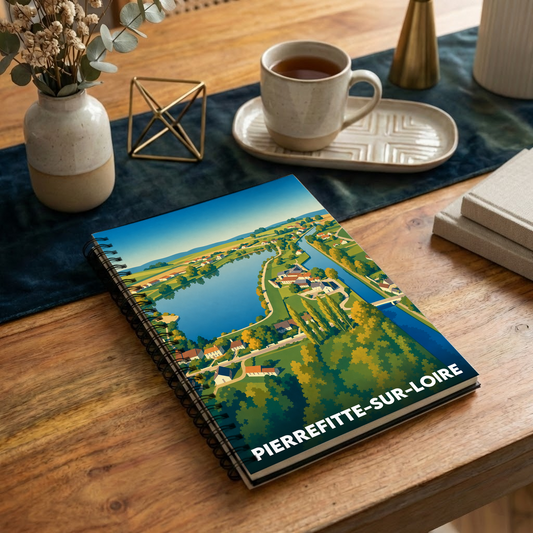 Carnet souvenir de Pierrefitte-sur-Loire avec une illustration stylisée de son paysage fluvial.