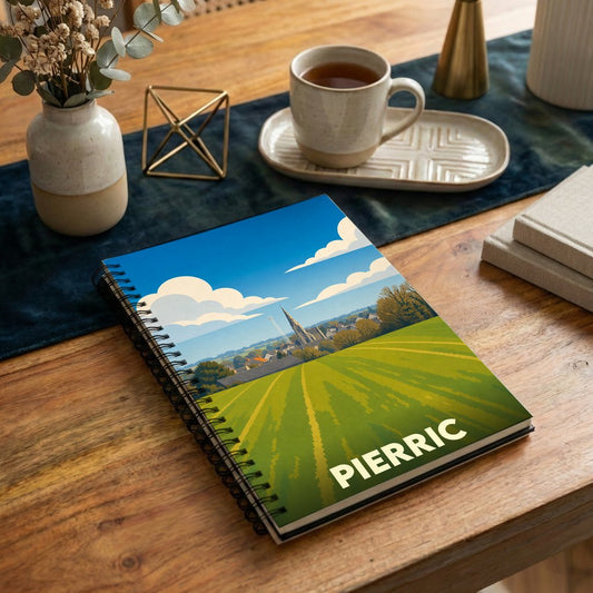 Carnet de notes à spirales souvenir de la ville de Pierric avec une illustration stylisée de son paysage champêtre.