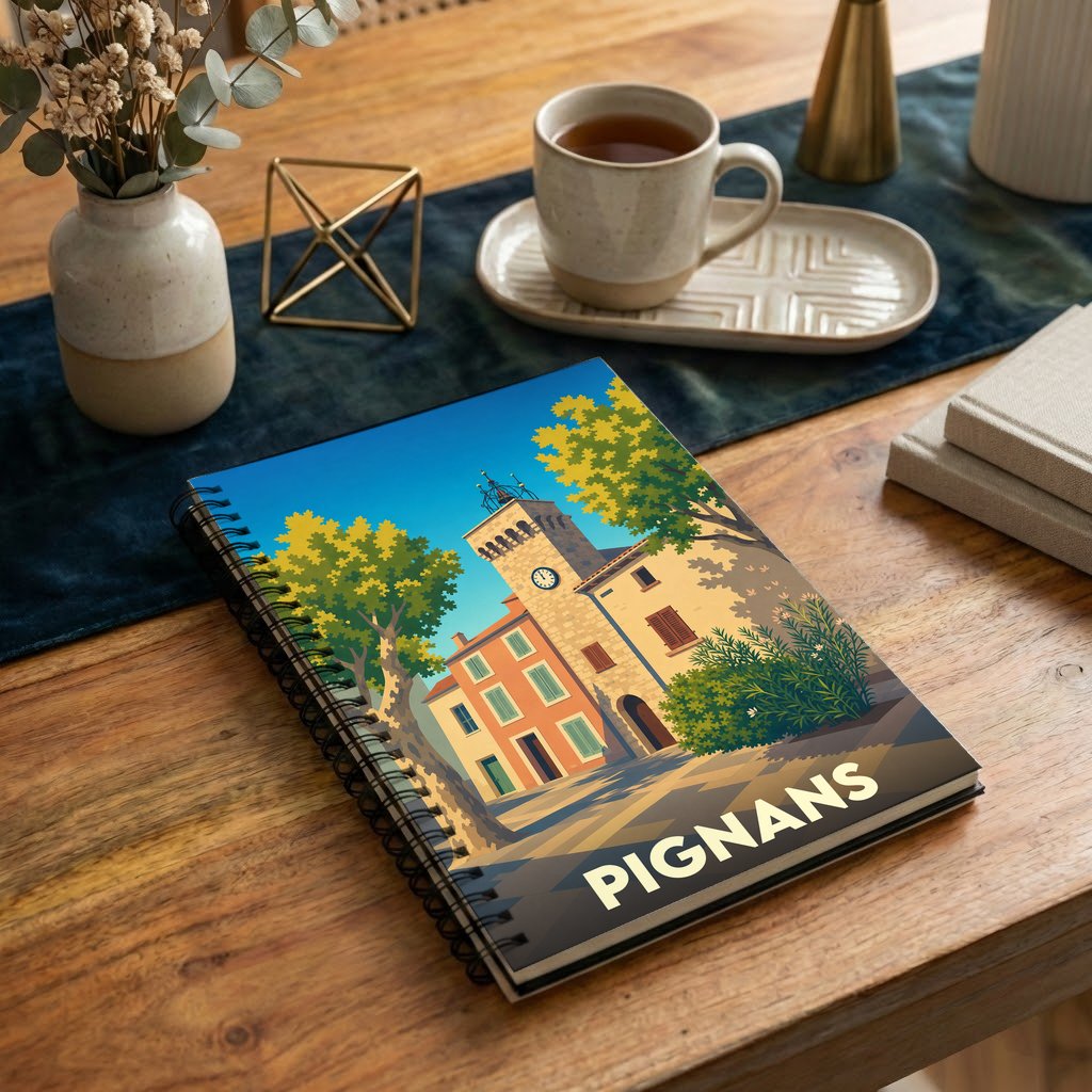 Carnet souvenir de la ville de Pignans avec une illustration stylisée de sa place et de son clocher.