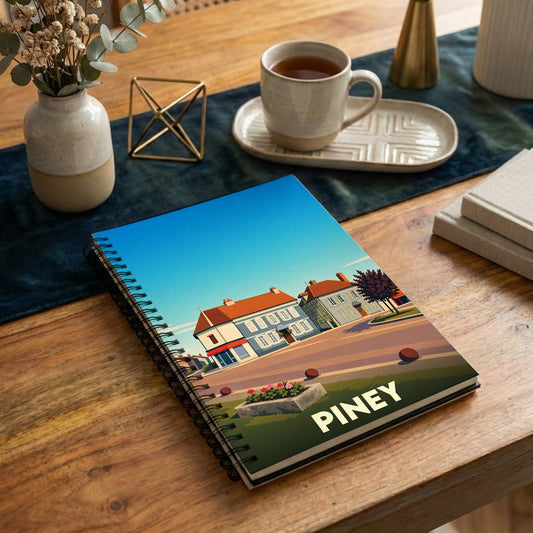Carnet souvenir de la ville de Piney avec une illustration stylisée.