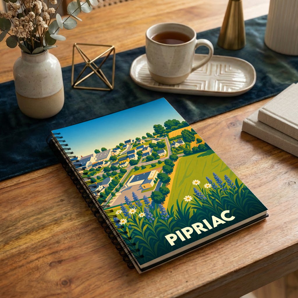 Carnet souvenir de la ville de Pipriac avec une illustration stylisée.