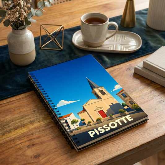 Carnet à spirales souvenir de la ville de Pissotte avec une illustration stylisée de son église.