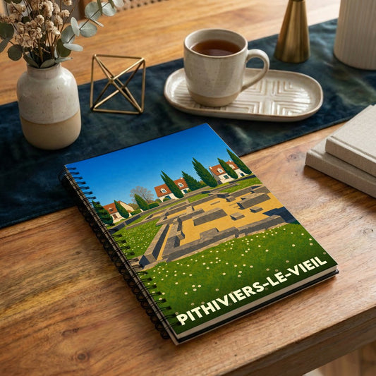 Carnet souvenir de la ville de Pithiviers-le-Vieil avec une illustration stylisée de son site archéologique.
