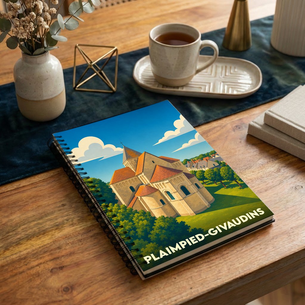Carnet souvenir de la ville de Plaimpied-Givaudins avec une illustration stylisée de son église.