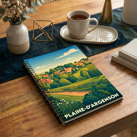 Carnet à spirales souvenir de la ville de Plaine-d'Argenson avec une illustration paysagère stylisée.