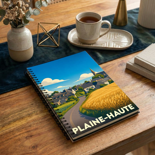 Carnet à spirales souvenir de la ville de Plaine-Haute avec une illustration stylisée d'un paysage champêtre.