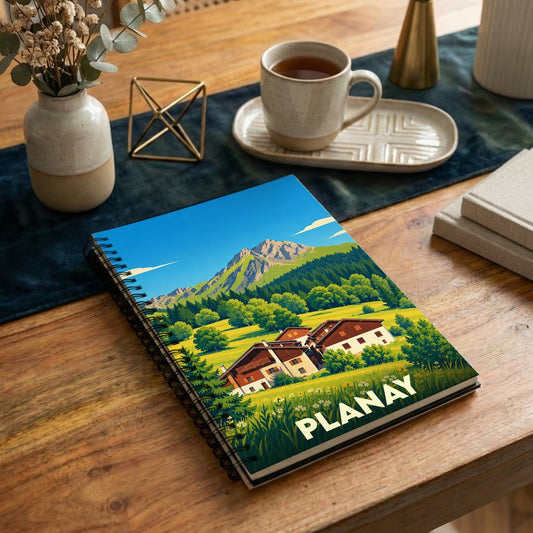 Carnet de notes souvenir de la ville de Planay avec une illustration stylisée de chalets savoyards et de montagnes.
