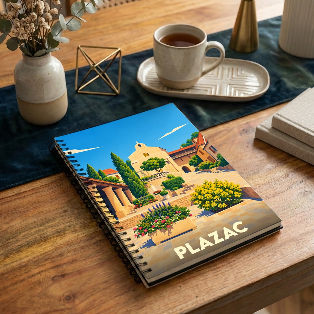 Carnet à spirales souvenir de la ville de Plazac avec une illustration de paysage ensoleillé.