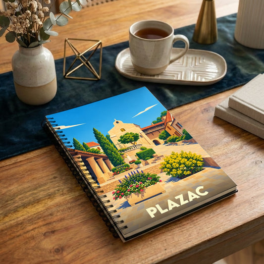 Carnet à spirales souvenir de la ville de Plazac avec une illustration de paysage ensoleillé.