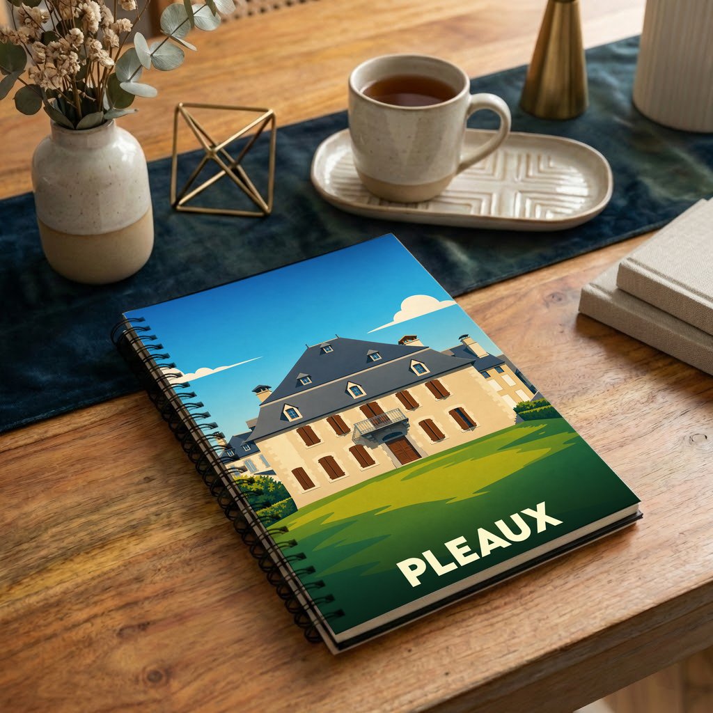 Carnet souvenir de la ville de Pleaux avec une illustration stylisée d'une grande demeure ancienne.