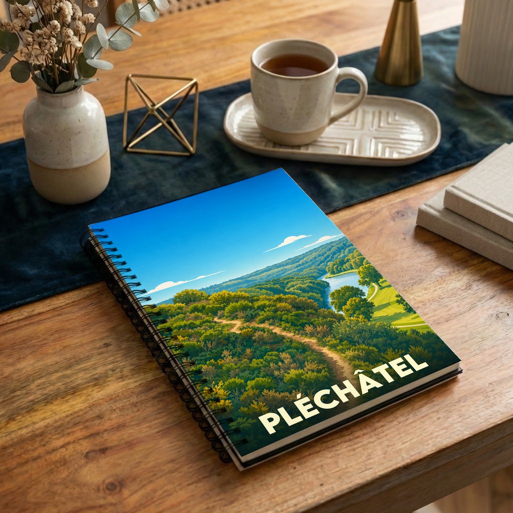Carnet à spirales souvenir de la ville de Pléchâtel avec une illustration stylisée de ses paysages verdoyants.