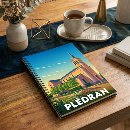 Carnet souvenir de la ville de Plédran avec une illustration stylisée de son église.