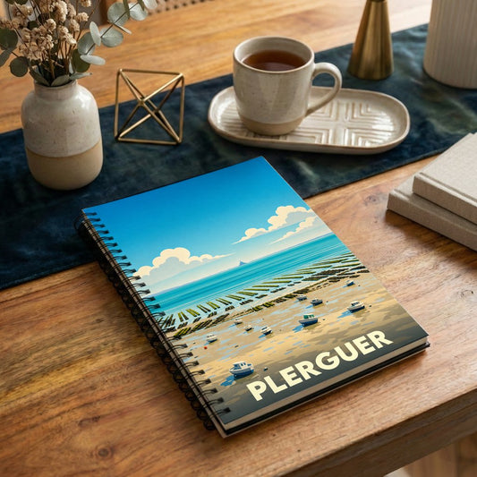 Carnet souvenir de la ville de Plerguer avec une illustration stylisée de son littoral.