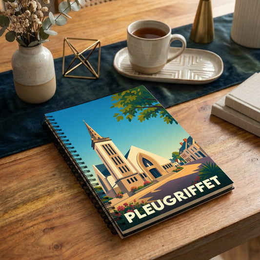 Carnet à spirales souvenir de la ville de Pleugriffet avec une illustration stylisée de son église.