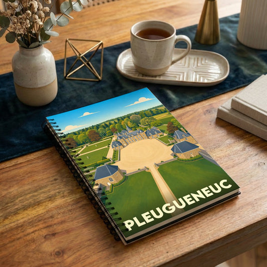 Carnet à spirales souvenir de la ville de Pleugueneuc avec une illustration stylisée de son château.