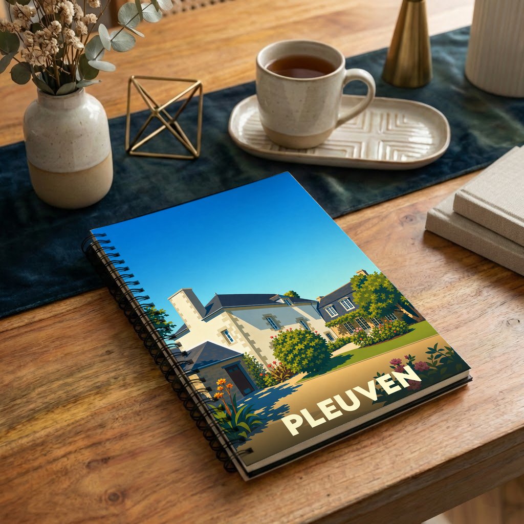 Carnet de notes souvenir de la ville de Pleuven avec une illustration stylisée de maisons bretonnes.