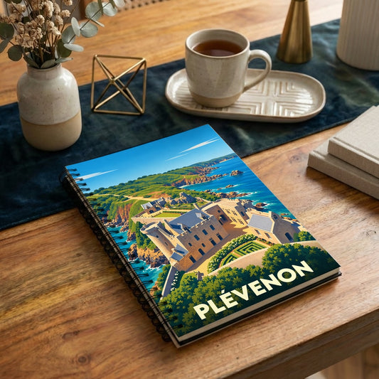 Carnet à spirales souvenir de la ville de Plévenon avec une illustration stylisée du Fort-la-Latte.