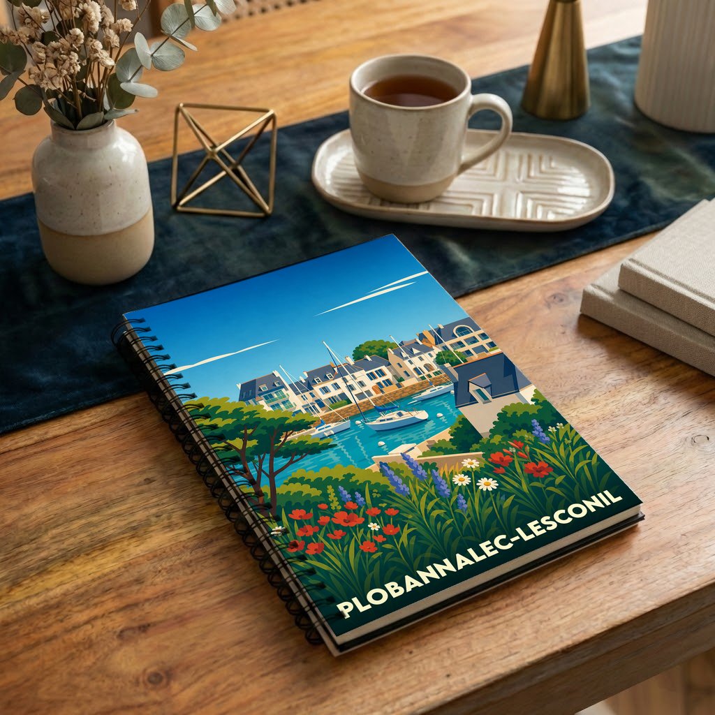 Carnet souvenir de la ville de Plobannalec-Lesconil avec une illustration colorée de son port.