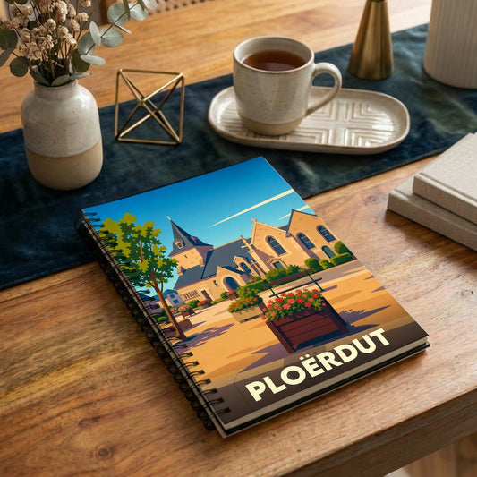 Carnet à spirales souvenir de la ville de Ploërdut avec une illustration stylisée de son église et de sa place fleurie.