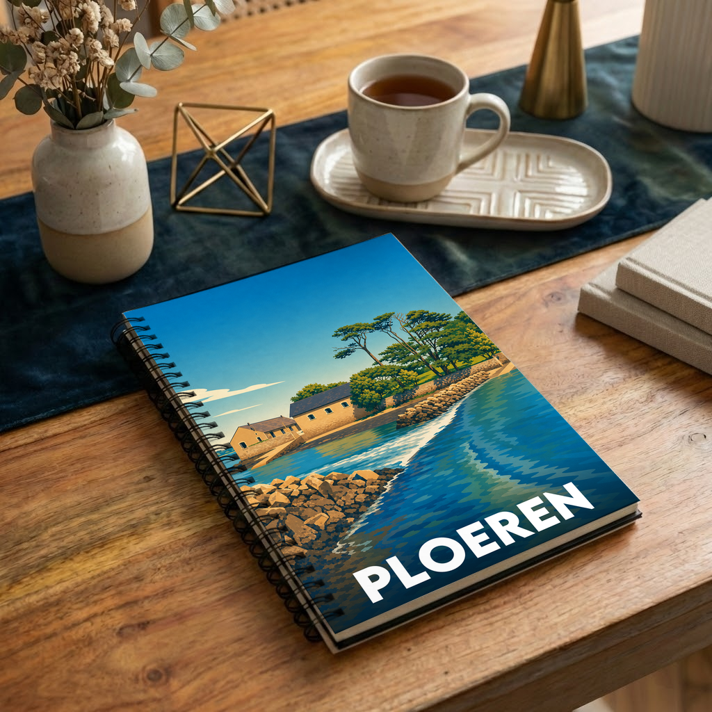 Carnet à spirales souvenir de la ville de Ploeren avec une illustration stylisée de son paysage côtier.