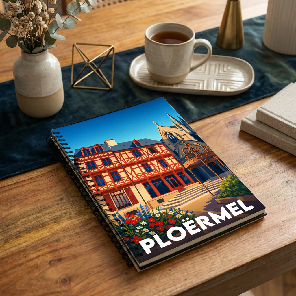 Carnet à spirales souvenir de la ville de Ploërmel avec une illustration stylisée de maisons à colombages.