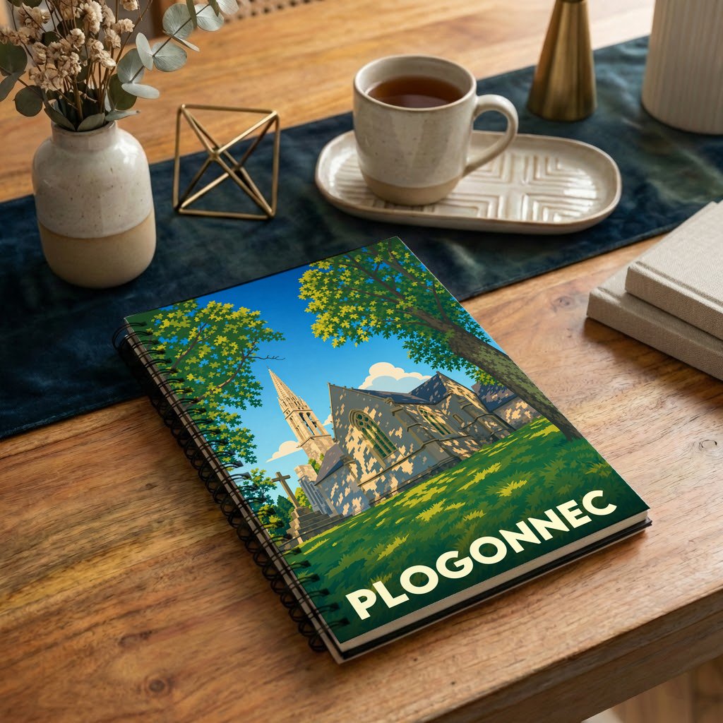 Carnet à spirales souvenir de la ville de Plogonnec avec une illustration stylisée d'une église bretonne.